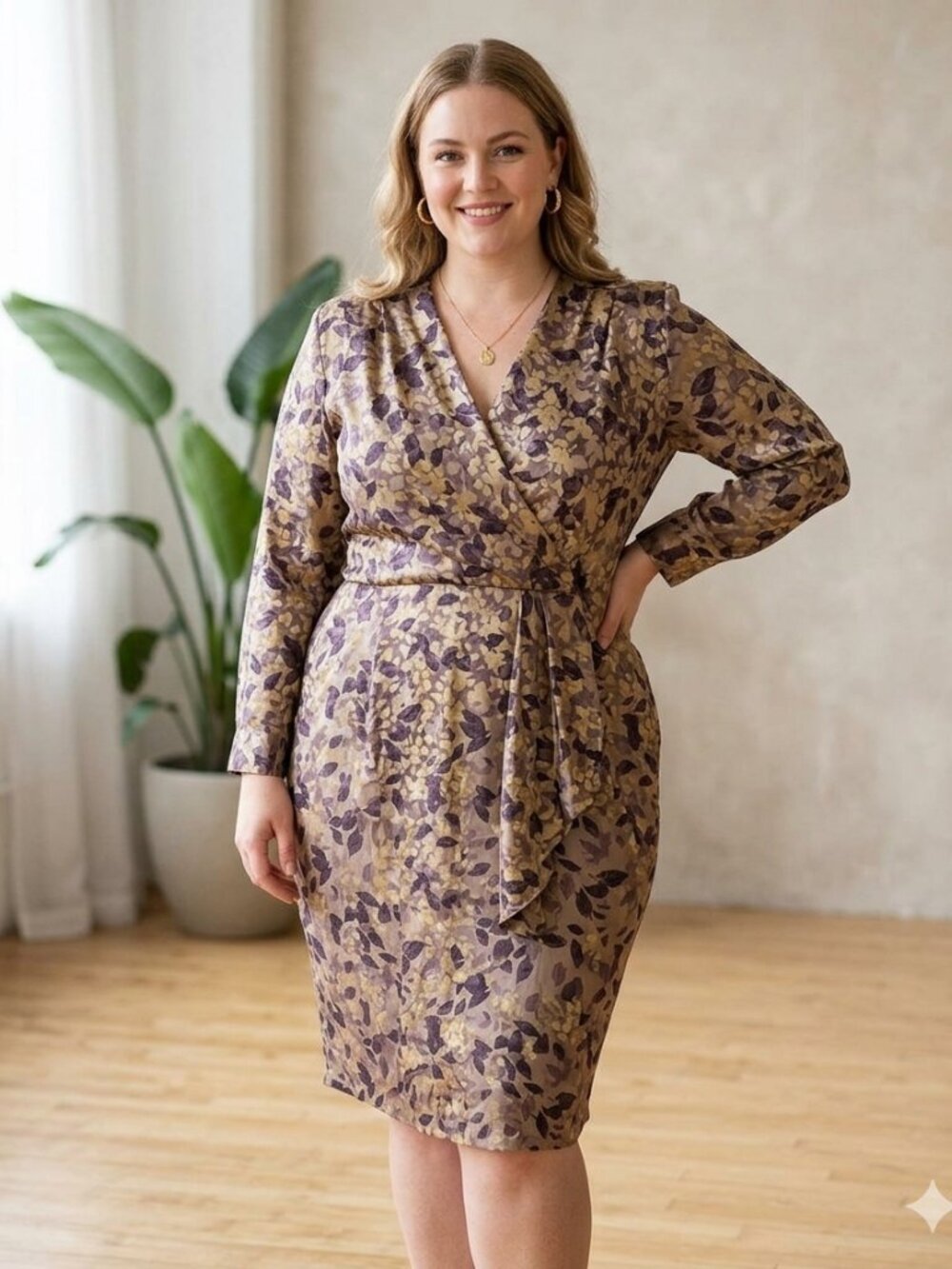 Women’s VINTAGE Floral Wrap-Style Midi Dress in Gold Tones With Dark Leaves